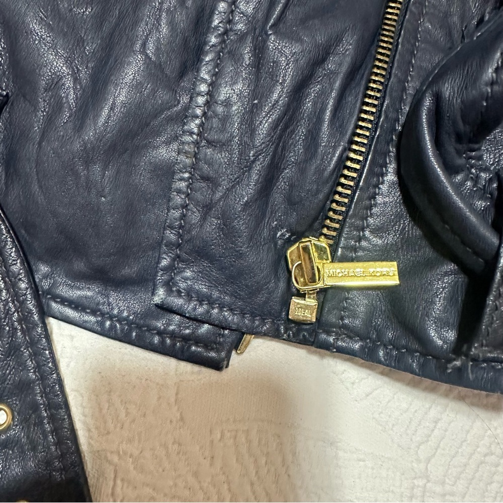 Michael Kors Navy Leather Jacket with Gold Accents - Picture 2 of 7